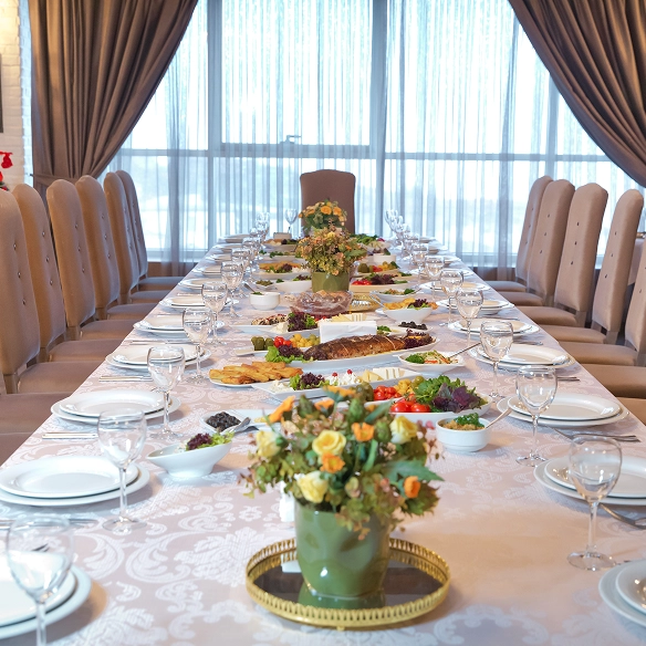 Elegant dining table set for a banquet.